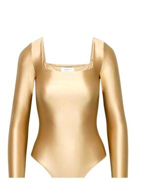 Babaton Metallic Gold Square Neck Long Sleeve Bodysuit